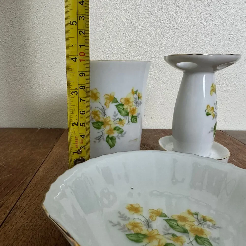 Vintage‎ Japan Porcelain 3pc Bathroom Set Yellow Floral Gold Trim Shell Dish Cup